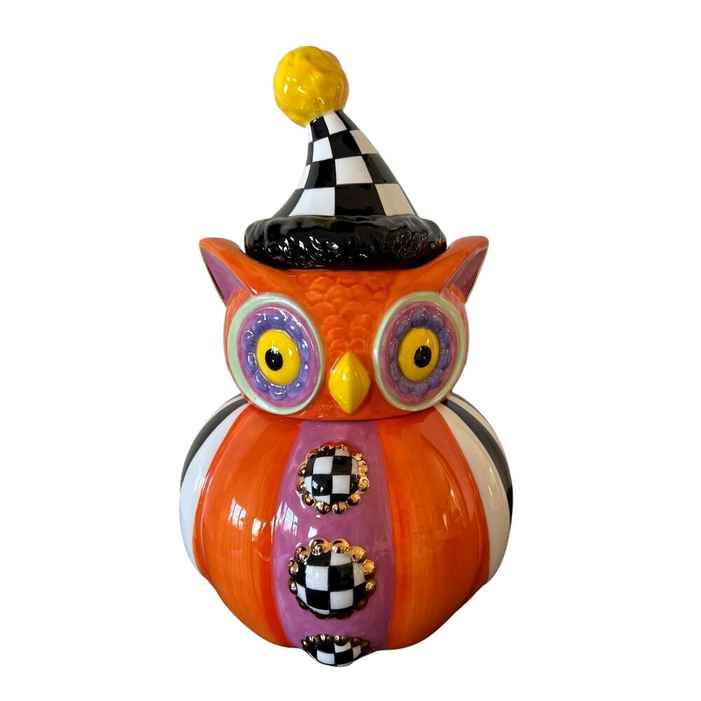 Mackenzie Childs Trick or Treat Owl Stacked Candy Dish Ceramic Orange Check New